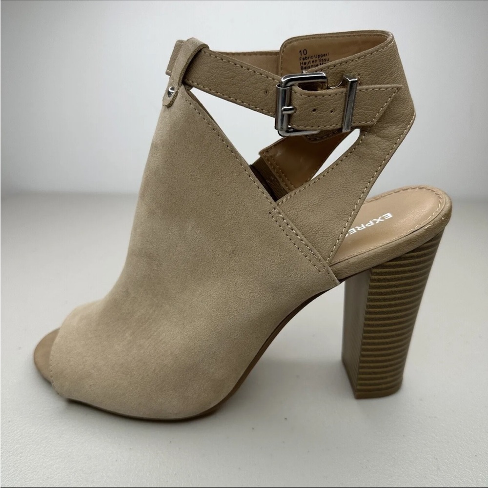 Express Tan Faux Suede Peep Toe Shootie Heels Ankle Strap Size 10